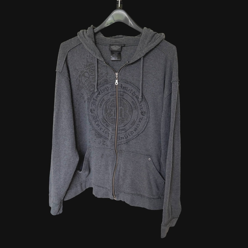 Y2K Harley-Davidson Zip Up Hoodie Charcoal Grey Graphic Thermal 96785-09VM L